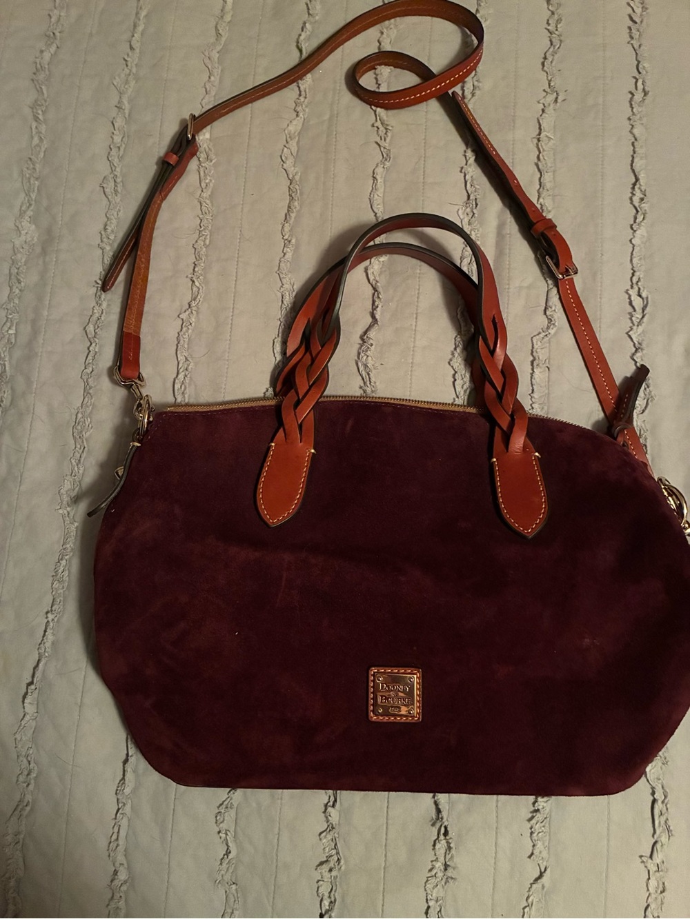 Dooney & Bourke Burgundy Suede Satchel with Tan Leather Trim